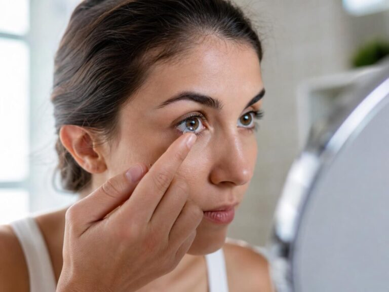 femme qui met lentilles de contact